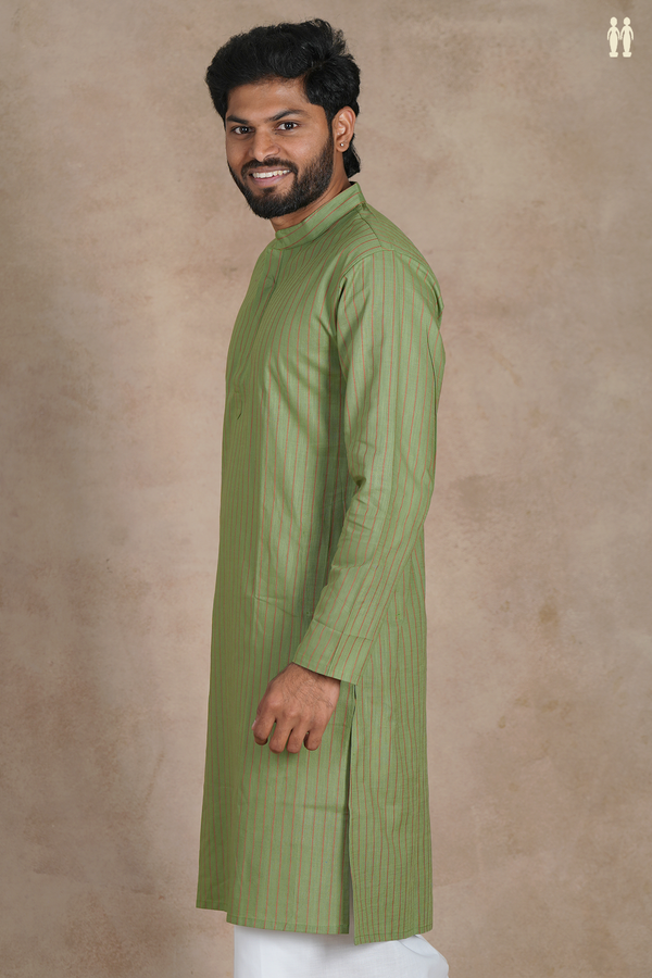 Chinese Collar Stripes Design Fern Green Linen Long Kurta