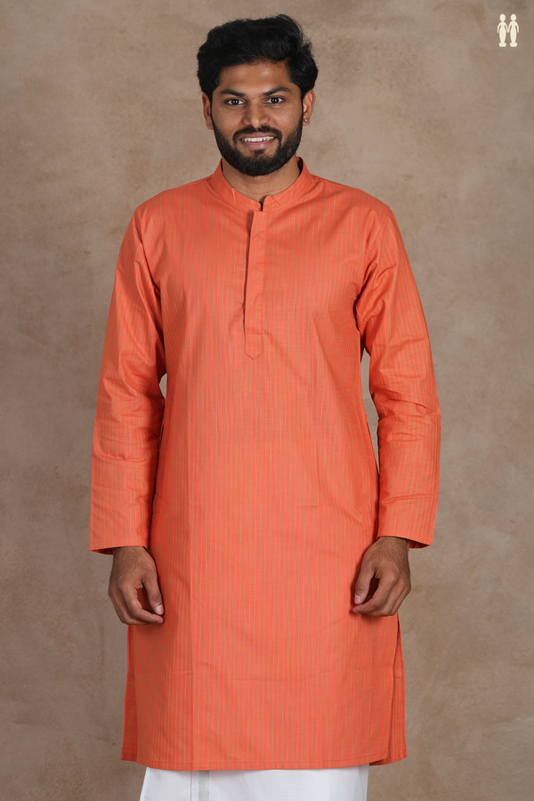 Chinese Collar Stripes Design Orange Linen Long Kurta
