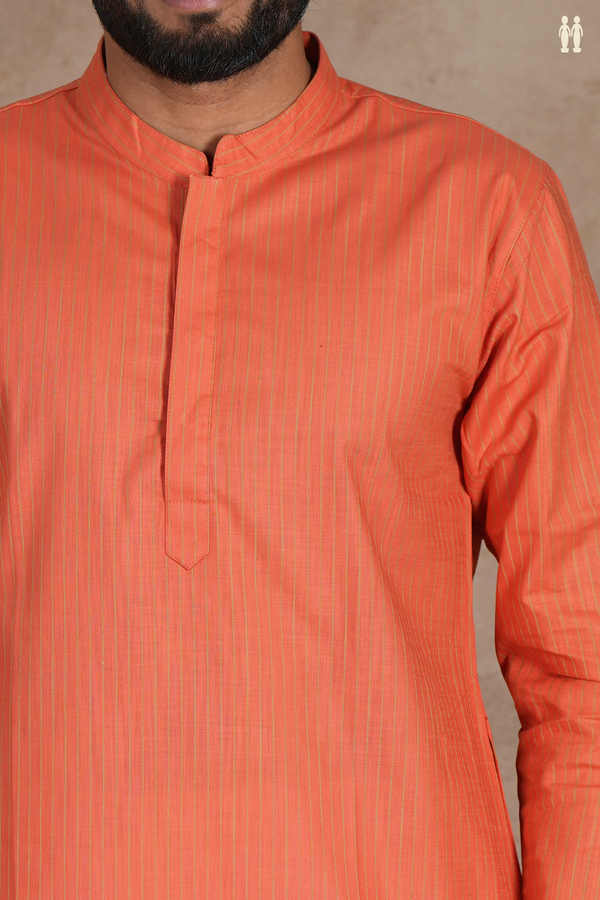 Chinese Collar Stripes Design Orange Linen Long Kurta