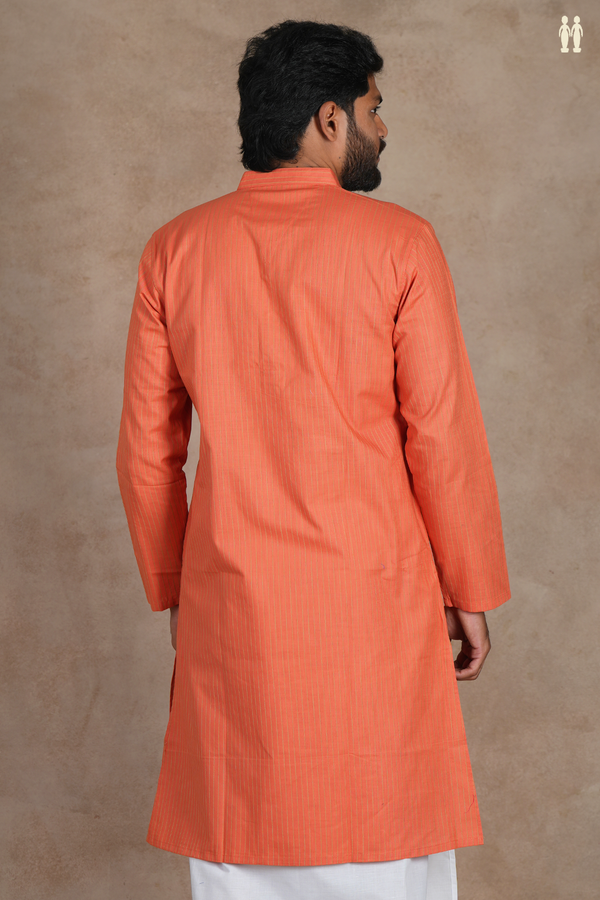 Chinese Collar Stripes Design Orange Linen Long Kurta