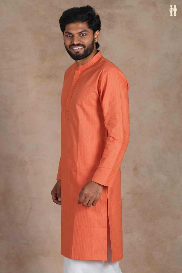Chinese Collar Stripes Design Orange Linen Long Kurta