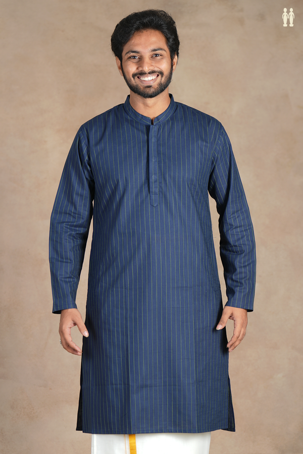 Chinese Collar Stripes Design Navy Blue Linen Long Kurta