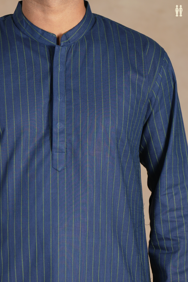 Chinese Collar Stripes Design Navy Blue Linen Long Kurta