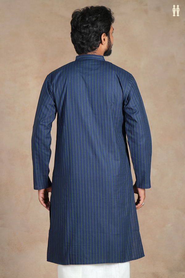 Chinese Collar Stripes Design Navy Blue Linen Long Kurta