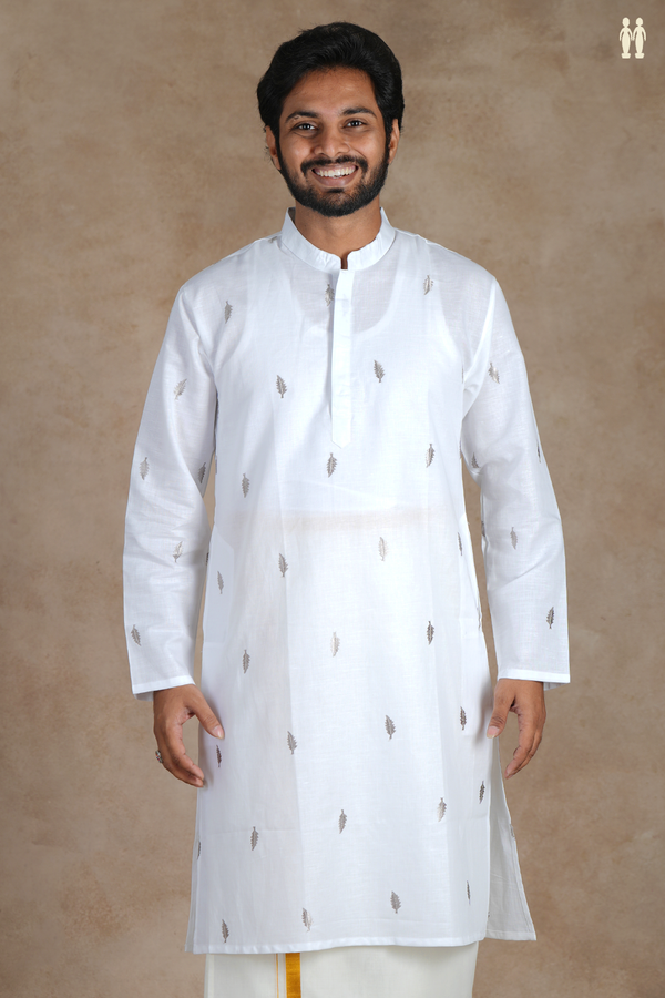 Chinese Collar Threadwork Buttas White Linen Long Kurta