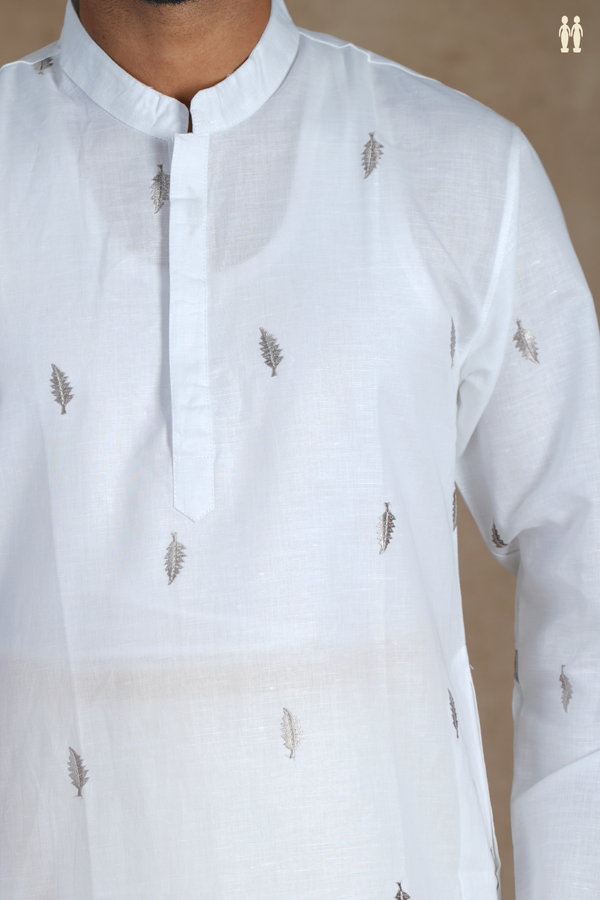 Chinese Collar Threadwork Buttas White Linen Long Kurta