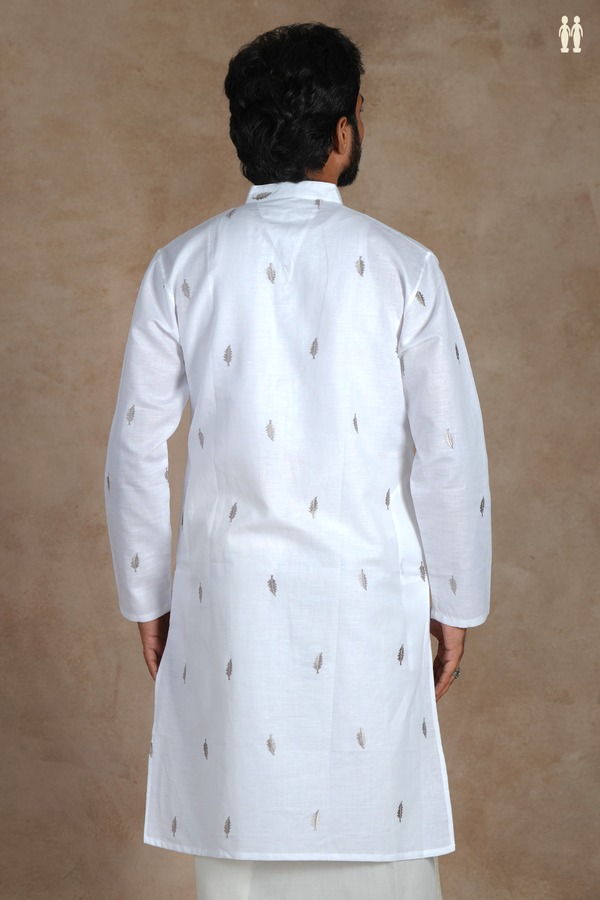 Chinese Collar Threadwork Buttas White Linen Long Kurta