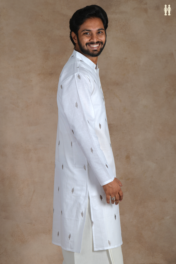 Chinese Collar Threadwork Buttas White Linen Long Kurta