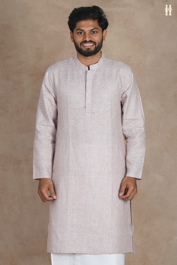 Chinese Collar Stripes Design Dusty Beige Linen Long Kurta