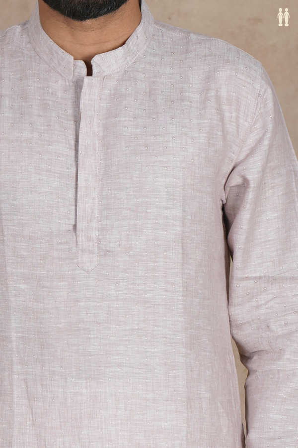 Chinese Collar Stripes Design Dusty Beige Linen Long Kurta
