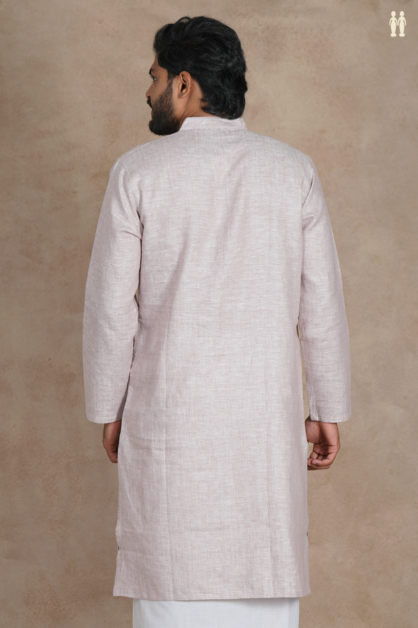 Chinese Collar Stripes Design Dusty Beige Linen Long Kurta