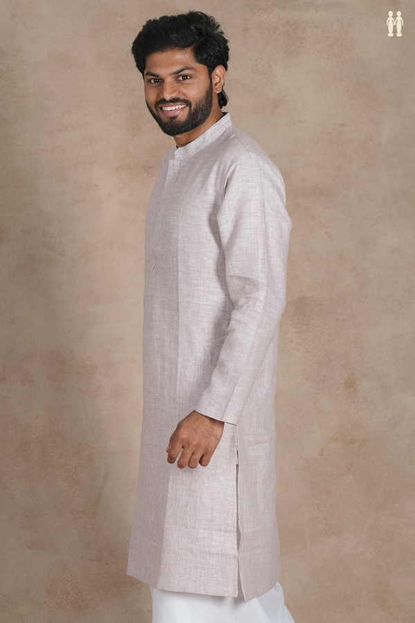 Chinese Collar Stripes Design Dusty Beige Linen Long Kurta