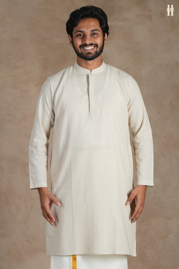 Chinese Collar Plain Cream Color Cotton Long Kurta