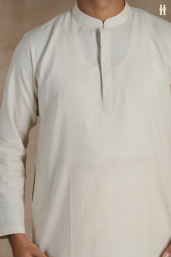 Chinese Collar Plain Cream Color Cotton Long Kurta