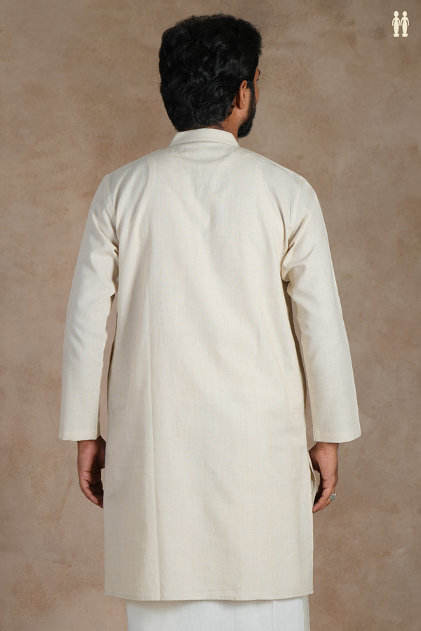 Chinese Collar Plain Cream Color Cotton Long Kurta