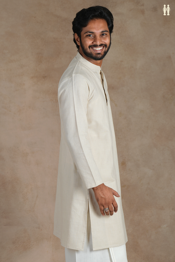 Chinese Collar Plain Cream Color Cotton Long Kurta