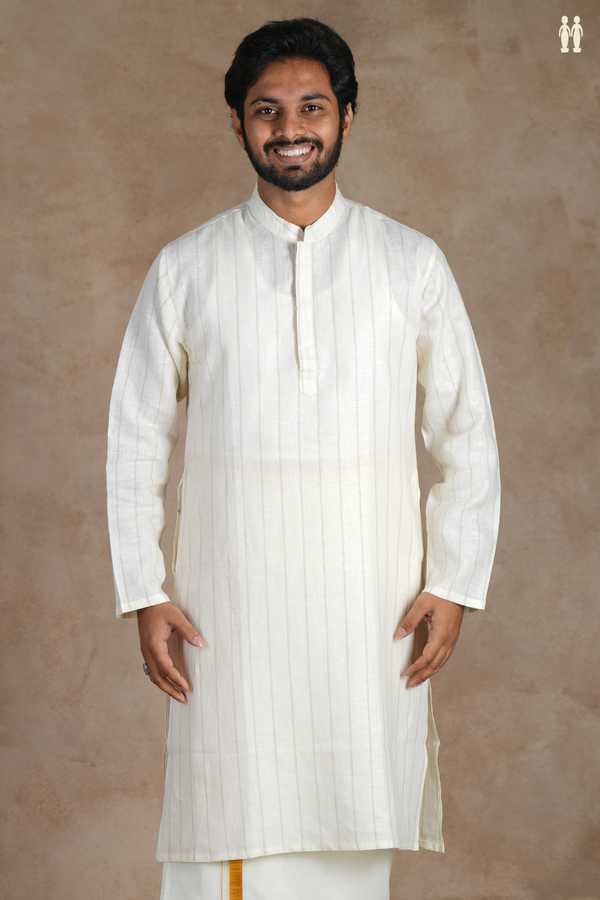 Chinese Collar Stripes Design White Linen Long Kurta
