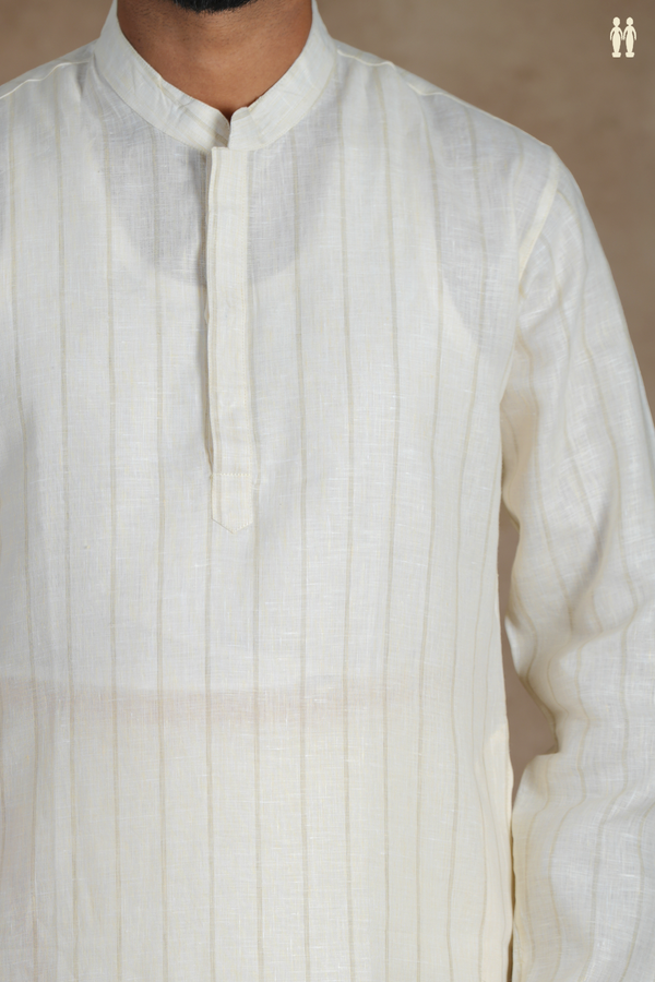 Chinese Collar Stripes Design White Linen Long Kurta