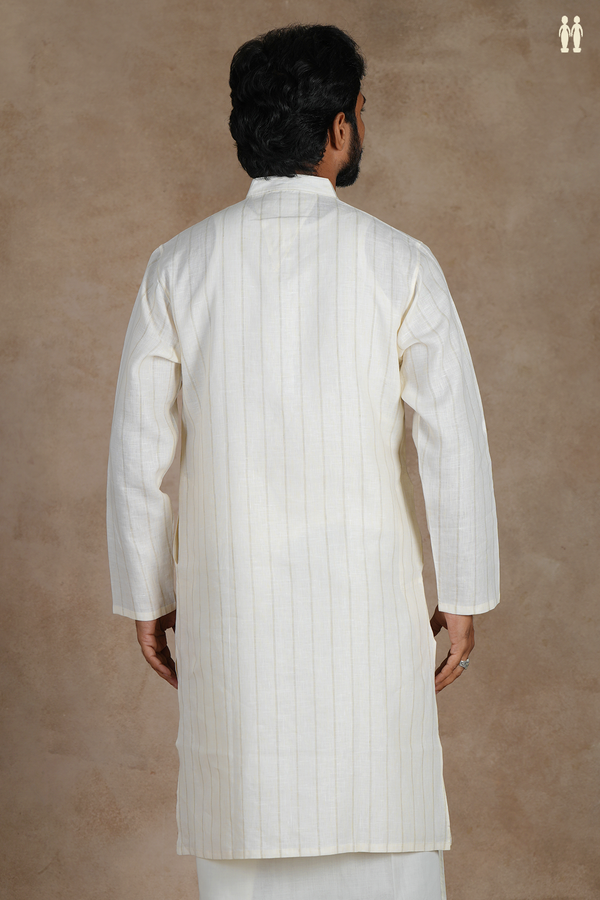 Chinese Collar Stripes Design White Linen Long Kurta