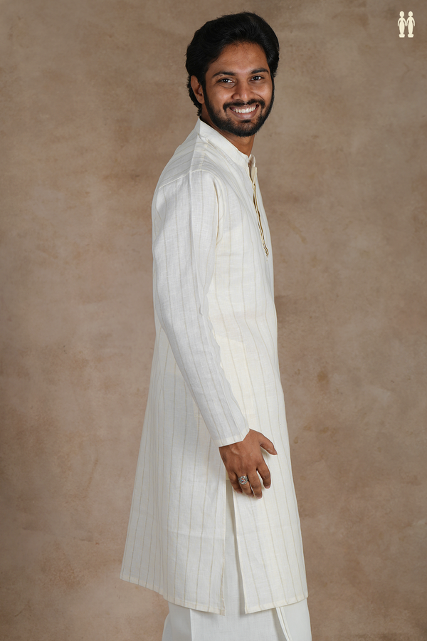 Chinese Collar Stripes Design White Linen Long Kurta