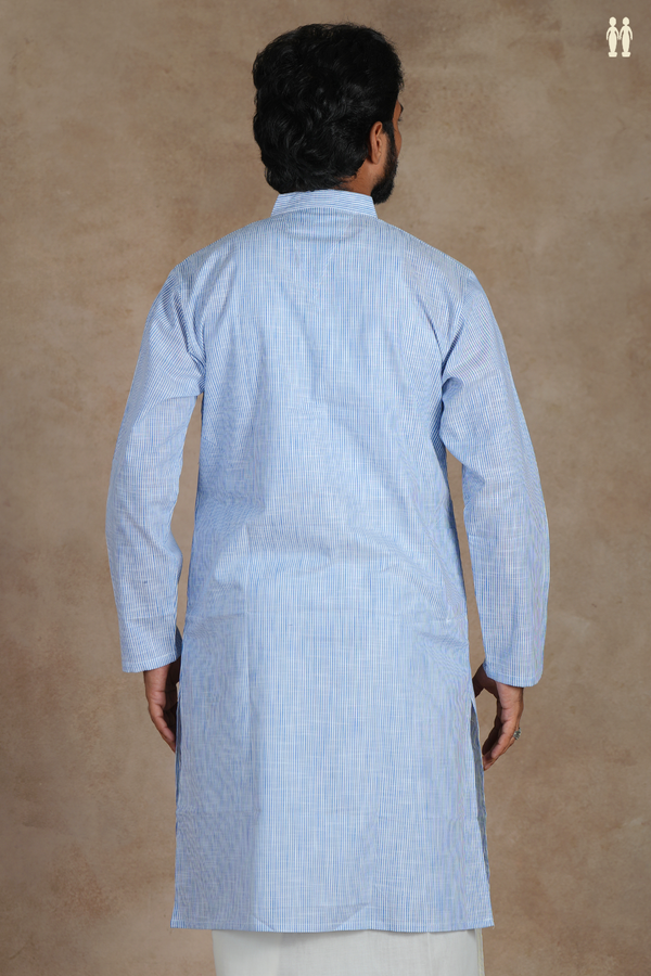 Chinese Collar Stripes Design Blue And White Cotton Long Kurta