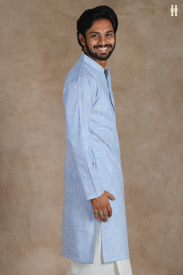 Chinese Collar Stripes Design Blue And White Cotton Long Kurta