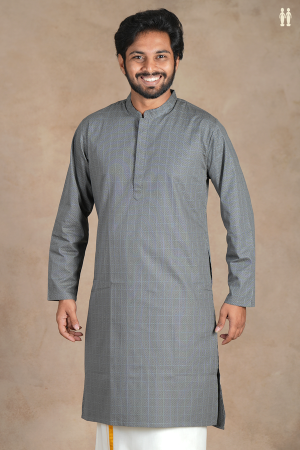 Chinese Collar Checks Design Grey Semi Banaras Long Kurta