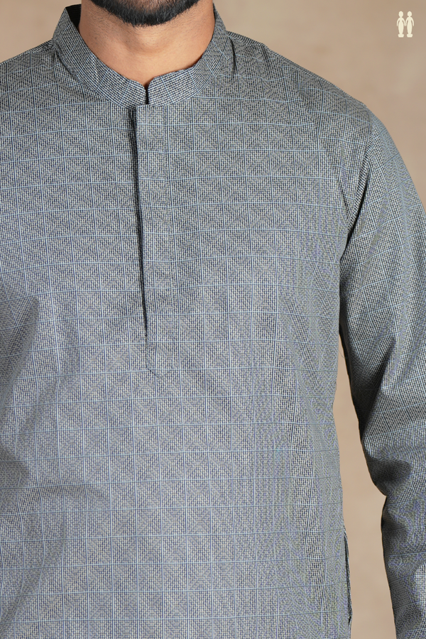 Chinese Collar Checks Design Grey Semi Banaras Long Kurta