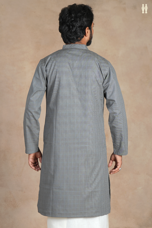 Chinese Collar Checks Design Grey Semi Banaras Long Kurta