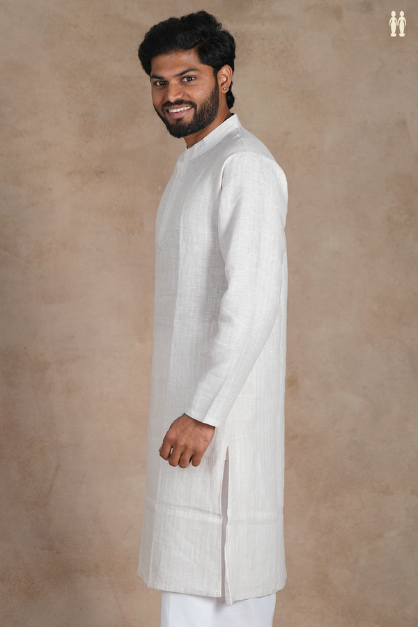 Chinese Collar Stripes Design Off White Linen Long Kurta