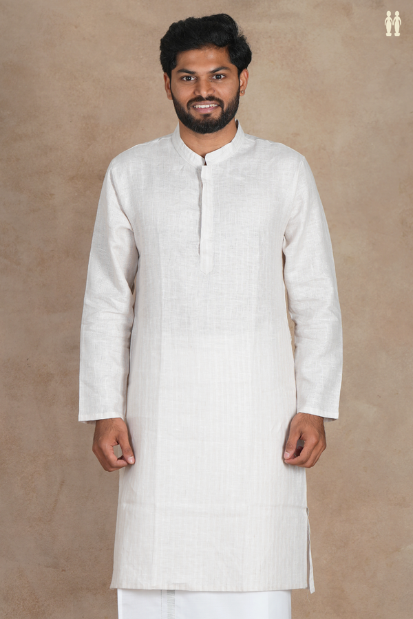 Chinese Collar Stripes Design Off White Linen Long Kurta