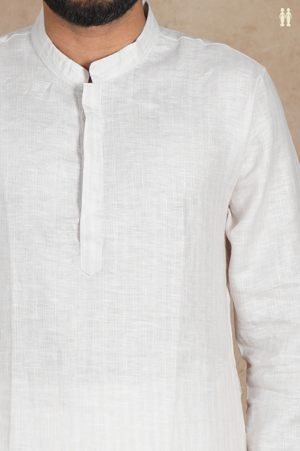 Chinese Collar Stripes Design Off White Linen Long Kurta