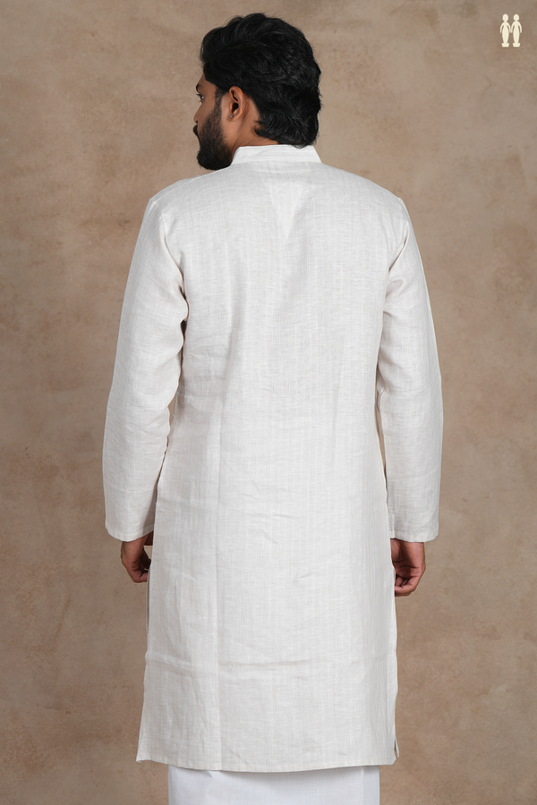 Chinese Collar Stripes Design Off White Linen Long Kurta
