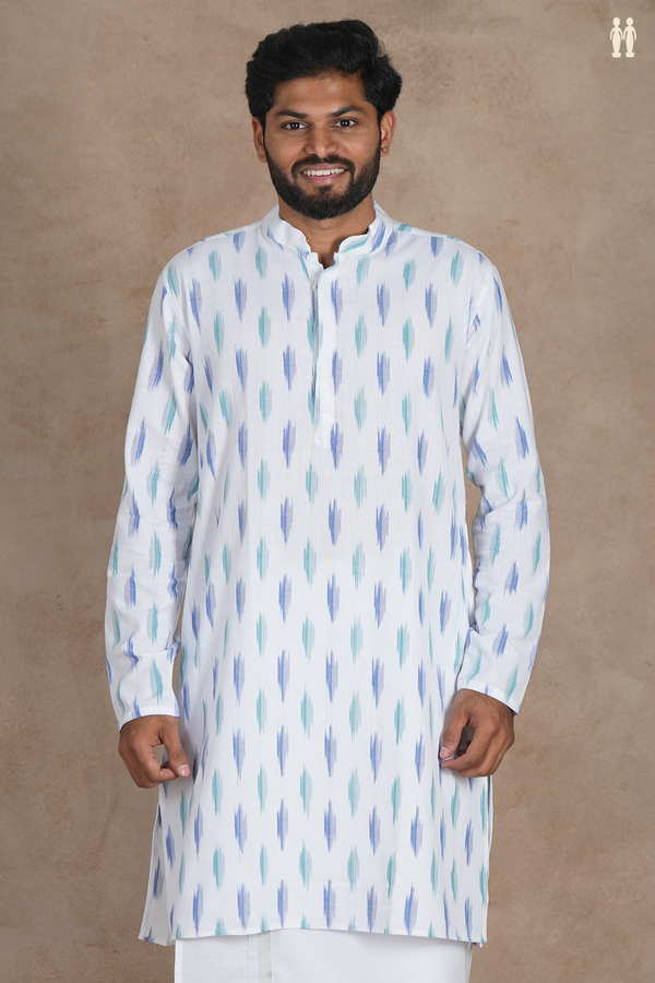Chinese Collar Ikat Buttas White Cotton Long Kurta