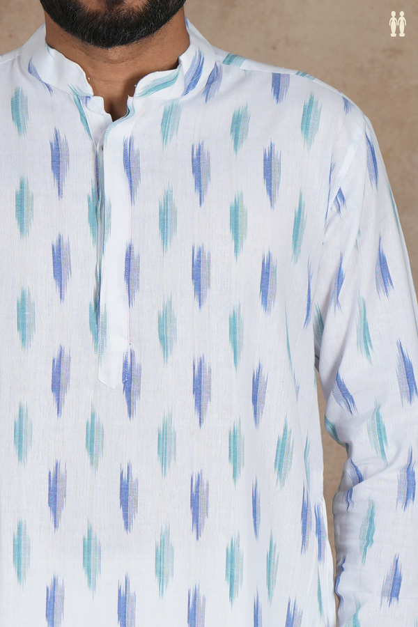 Chinese Collar Ikat Buttas White Cotton Long Kurta