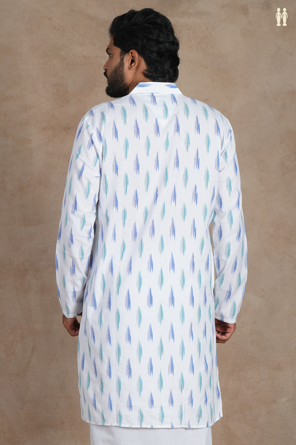 Chinese Collar Ikat Buttas White Cotton Long Kurta