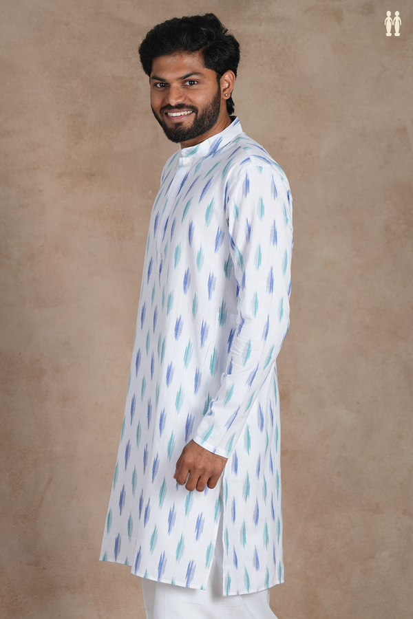 Chinese Collar Ikat Buttas White Cotton Long Kurta