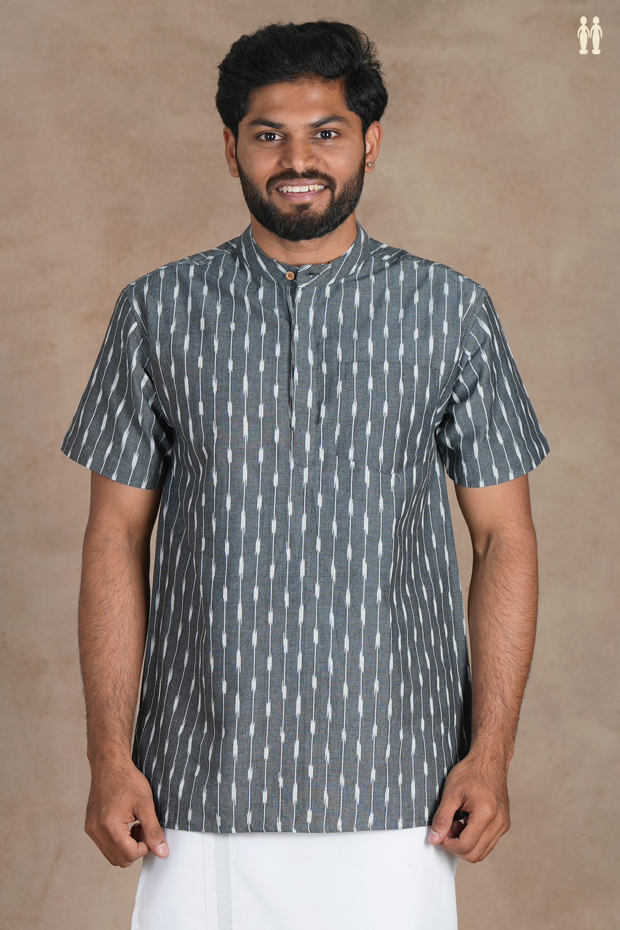 Chinese Collar Ikat Design Grey Cotton Short Kurta