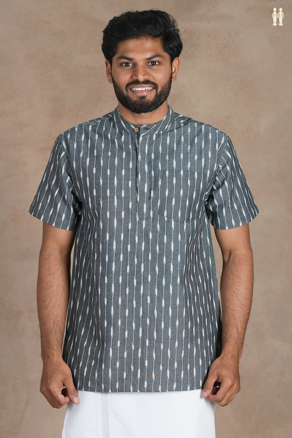 Chinese Collar Ikat Design Grey Cotton Short Kurta
