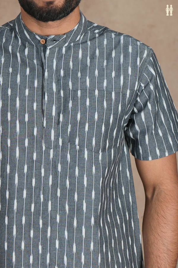 Chinese Collar Ikat Design Grey Cotton Short Kurta