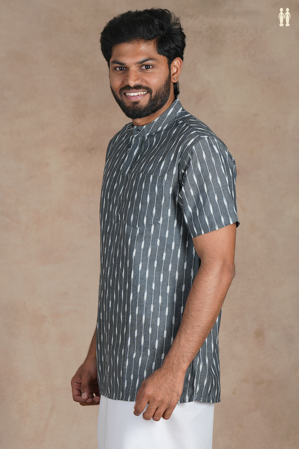 Chinese Collar Ikat Design Grey Cotton Short Kurta