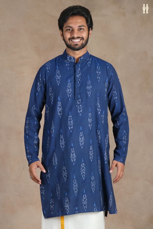 Chinese Collar Ikat Design Royal Blue Cotton Long Kurta