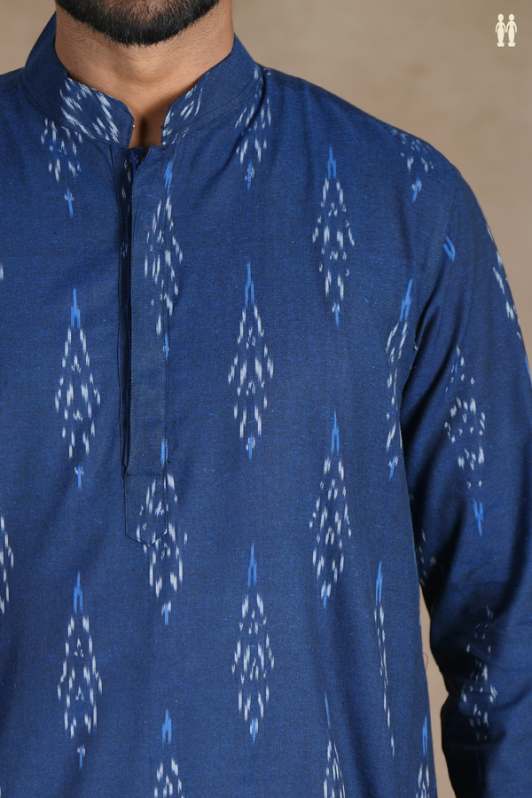 Chinese Collar Ikat Design Royal Blue Cotton Long Kurta