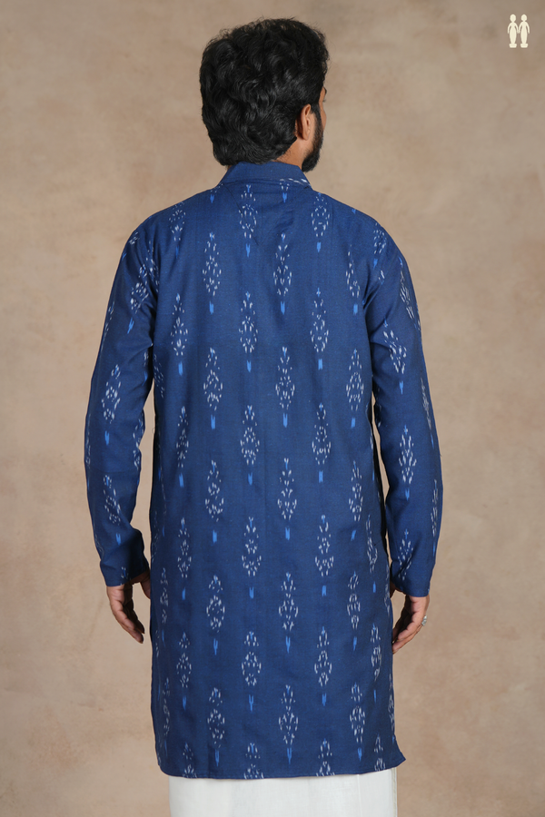 Chinese Collar Ikat Design Royal Blue Cotton Long Kurta