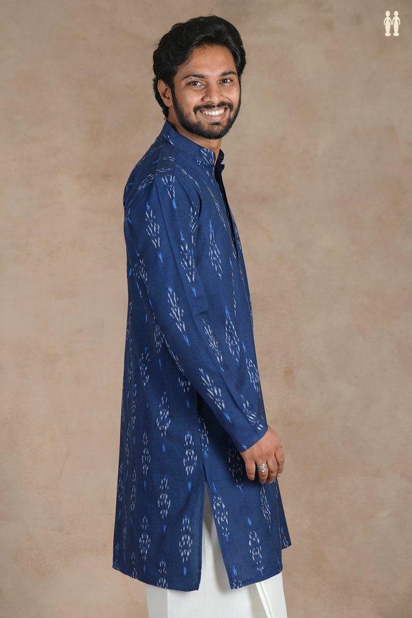Chinese Collar Ikat Design Royal Blue Cotton Long Kurta