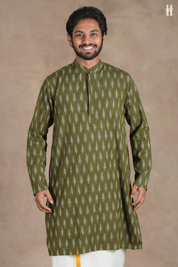 Chinese Collar Ikat Buttas Olive Green Cotton Long Kurta