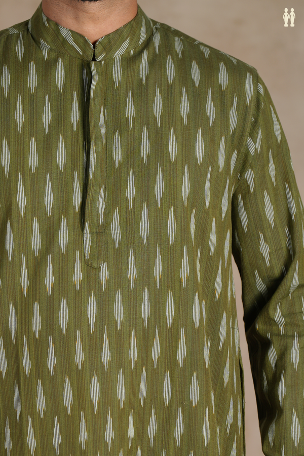 Chinese Collar Ikat Buttas Olive Green Cotton Long Kurta