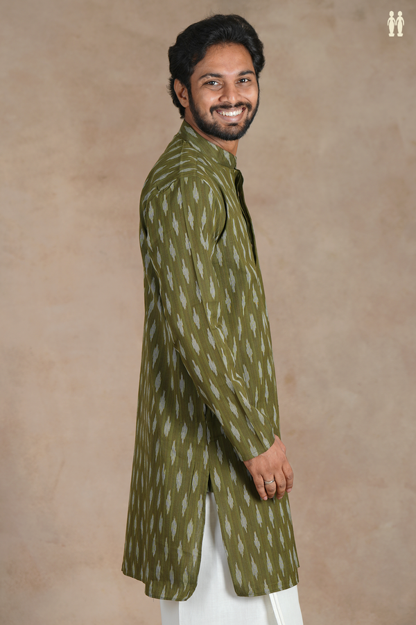 Chinese Collar Ikat Buttas Olive Green Cotton Long Kurta
