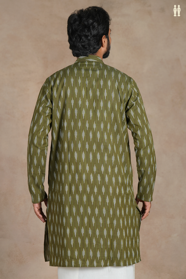 Chinese Collar Ikat Buttas Olive Green Cotton Long Kurta
