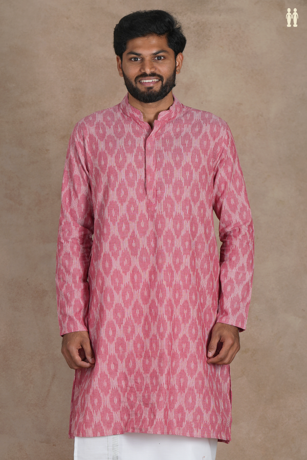 Chinese Collar Ikat Buttas Dusty Pink Cotton Long Kurta
